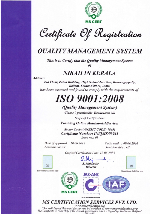ISO 9001:2008 Certified Muslim Matrimony