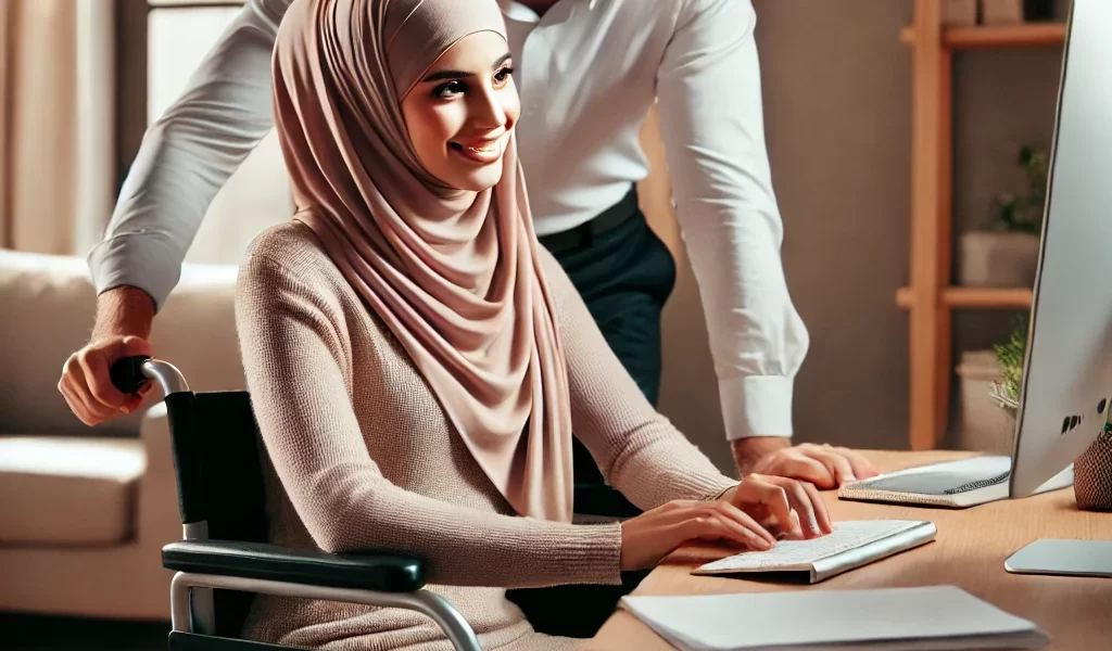 A differently abled Muslim woman in a wheelchair working on a computer, supported by her caring spouse, promoting Nikah in Kerala's Ability Matrimony Service.