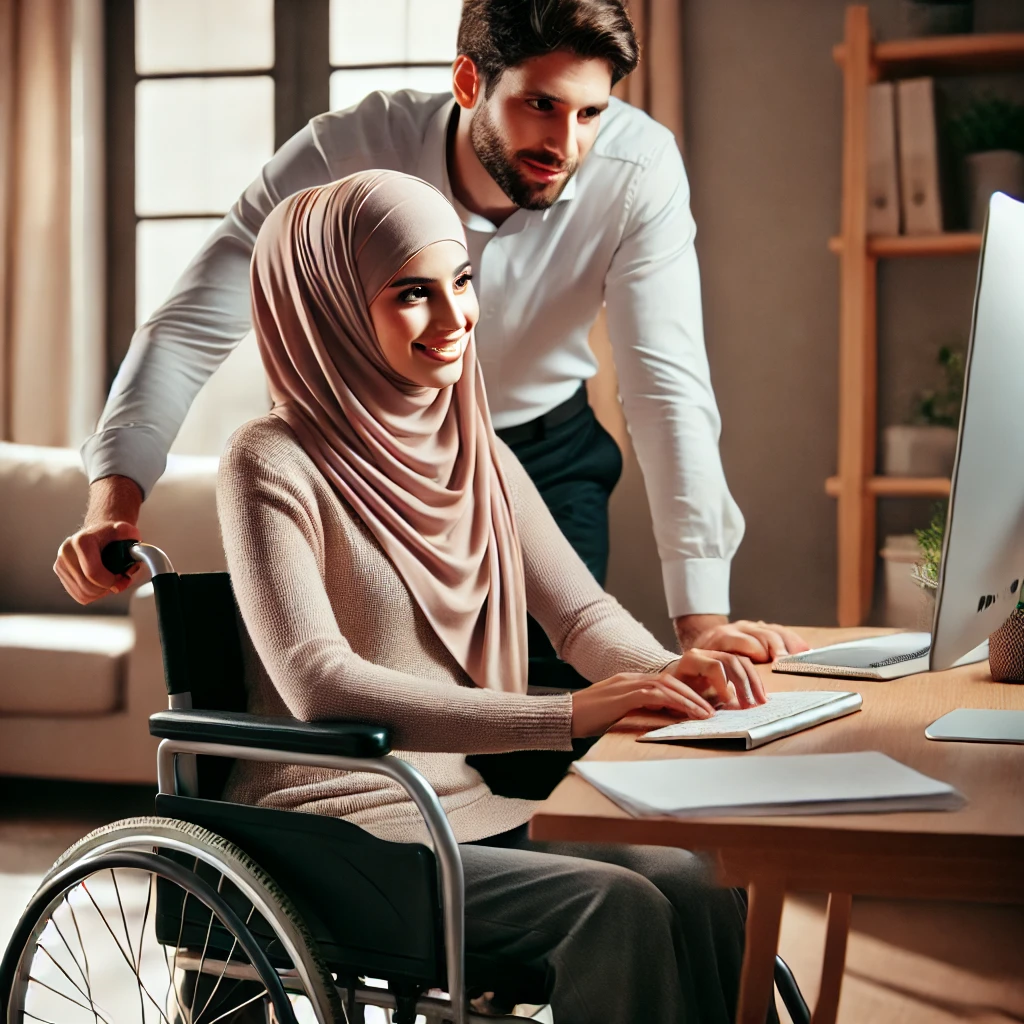 A differently abled Muslim woman in a wheelchair working on a computer, supported by her caring spouse, promoting Nikah in Kerala's Ability Matrimony Service.